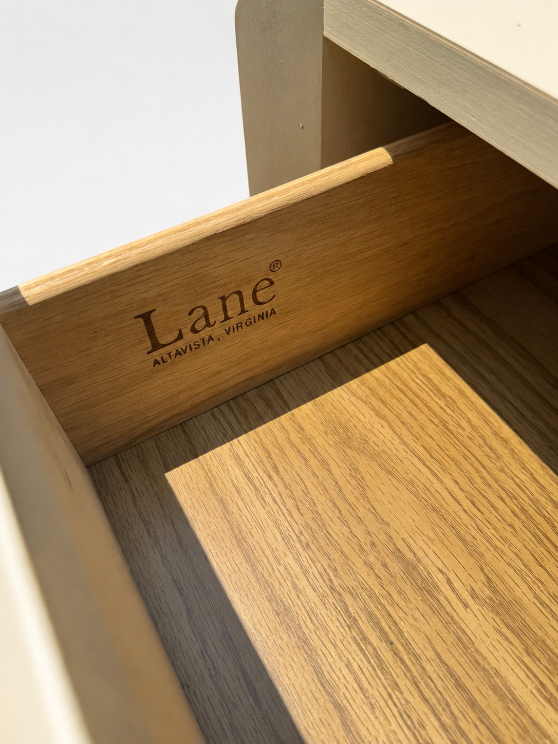 Vintage Lane Postmodern Tallboy Dresser Chest in Cream Lacquer with Brass Accents c.1985