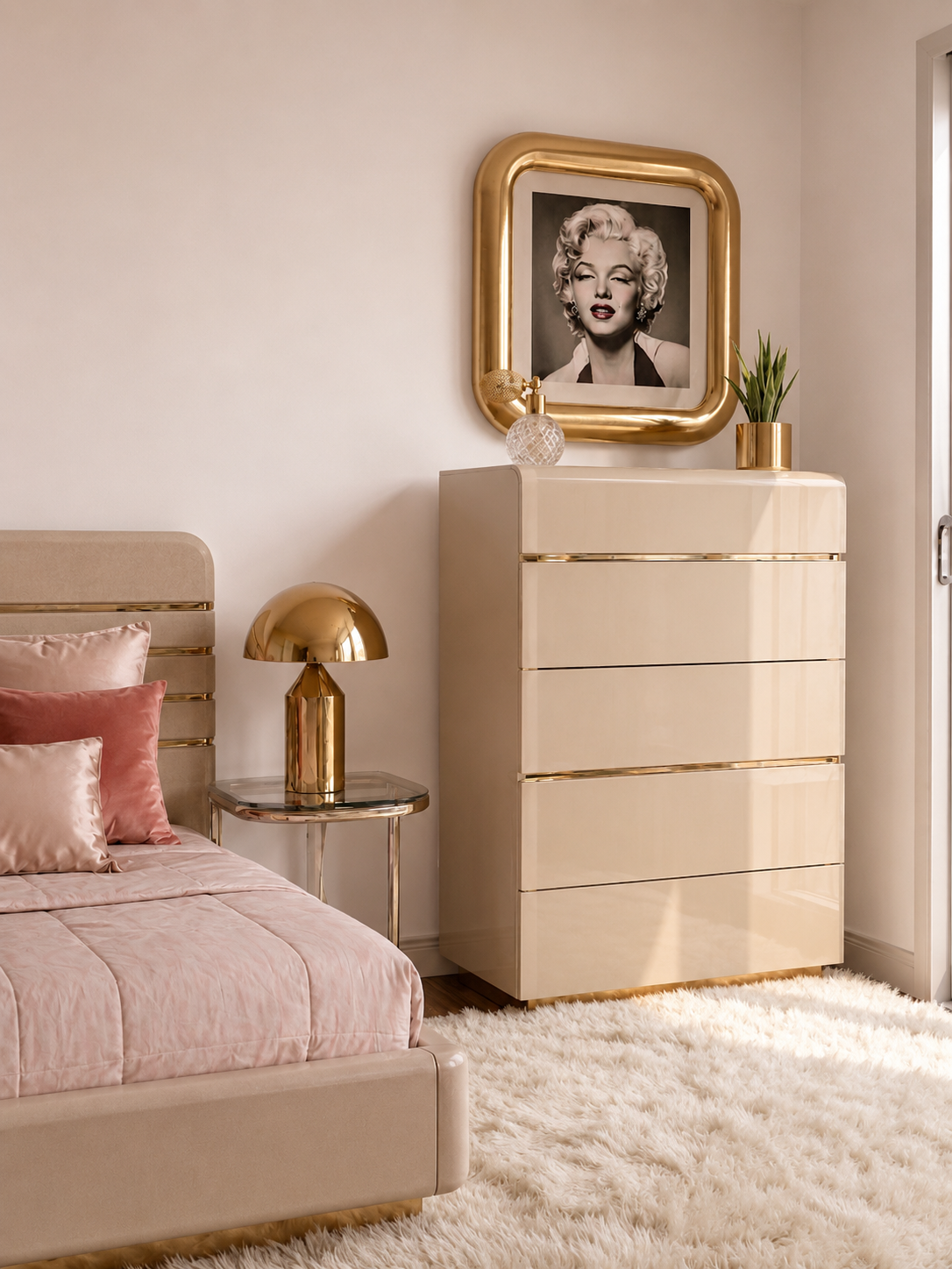 Vintage Lane Postmodern Tallboy Dresser Chest in Cream Lacquer with Brass Accents c.1985
