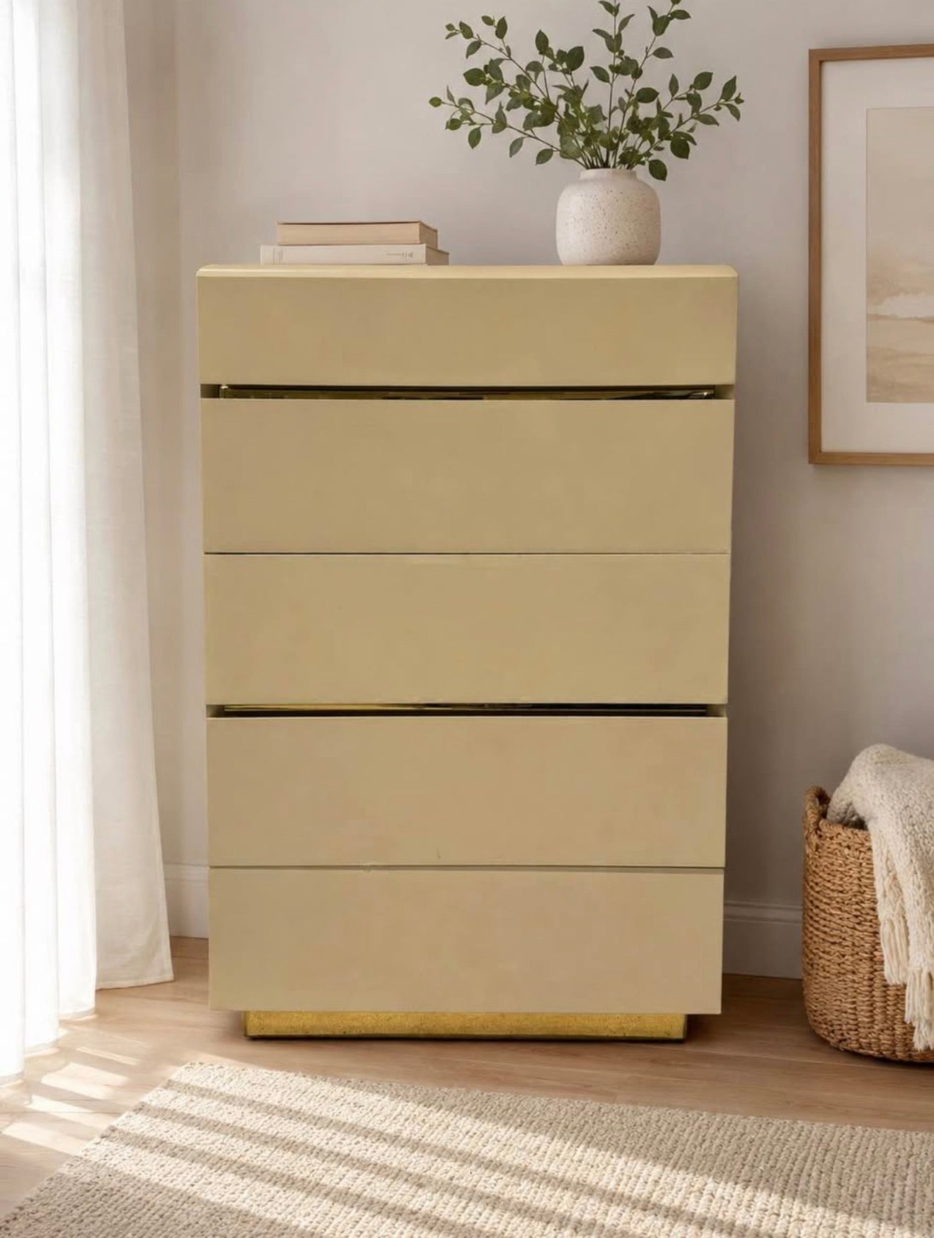 Vintage Lane Postmodern Tallboy Dresser Chest in Cream Lacquer with Brass Accents c.1985