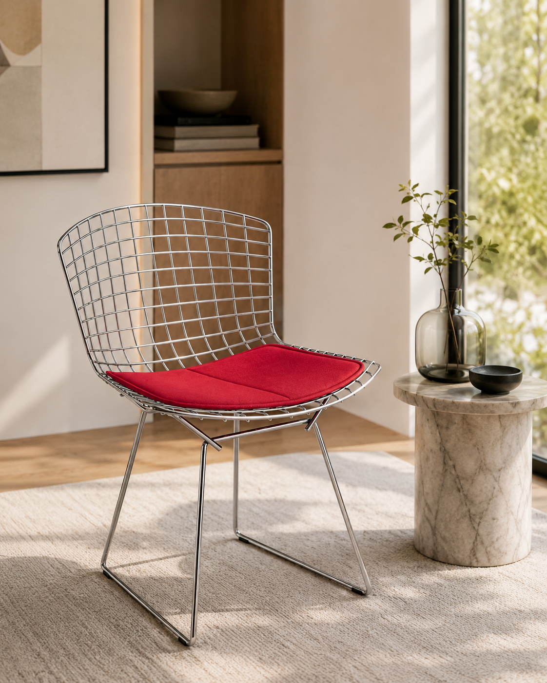 Vintage Harry Bertoia Side Chair for Knoll | Mid Century Modern Wire Chair with Red Cushion